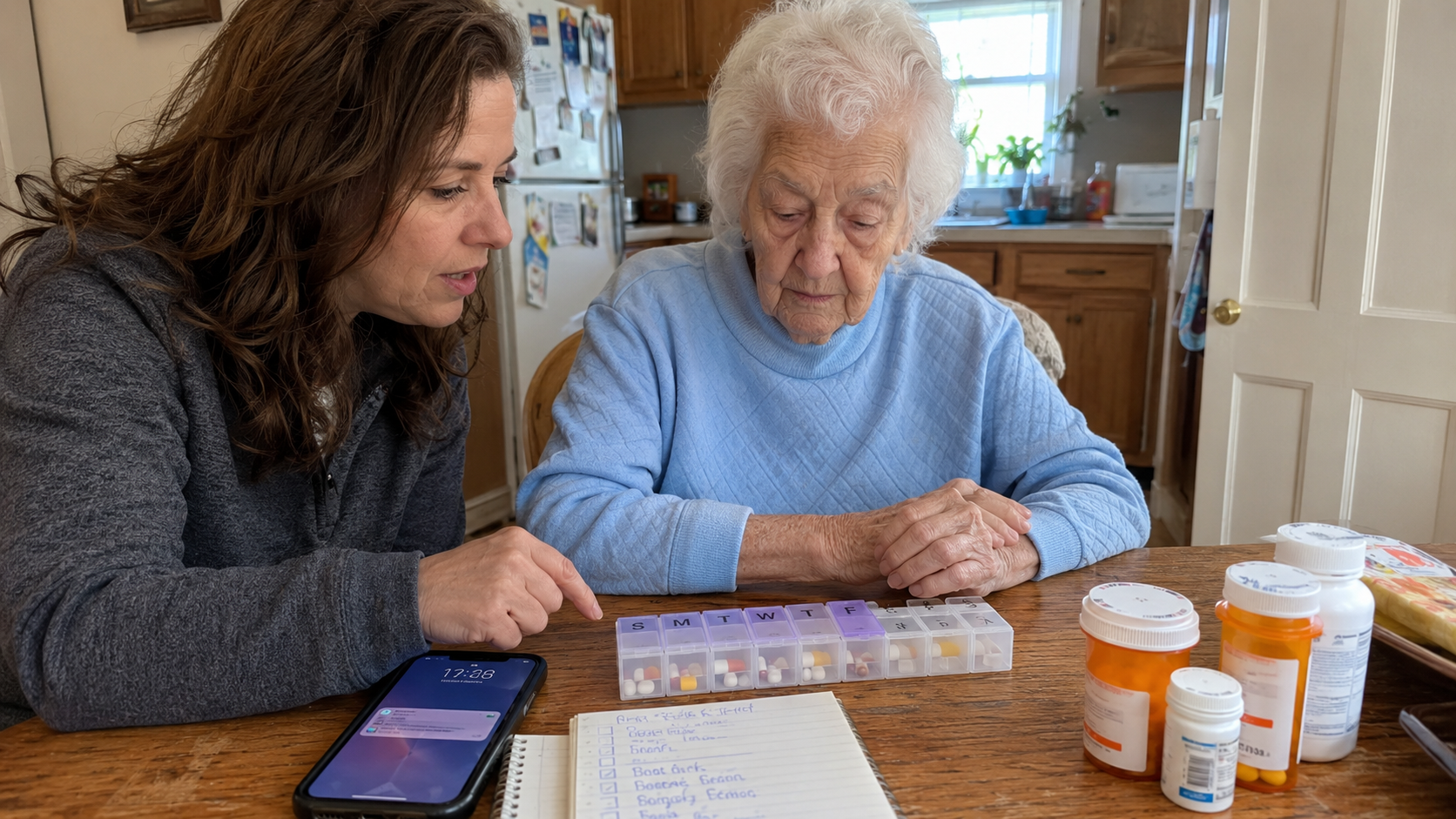 Adult child helping an elderly parent organize their medications