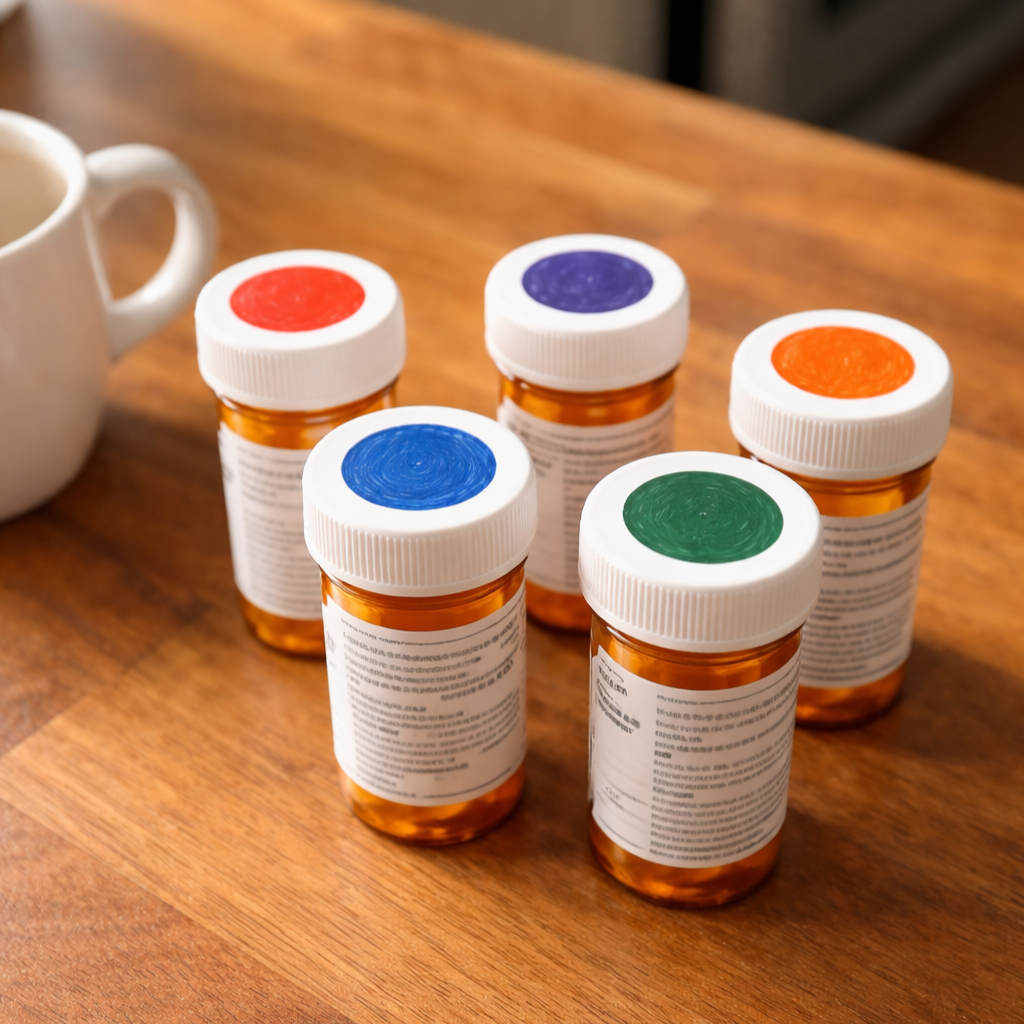 Color coded medication bottles matching Sharpie marker colors