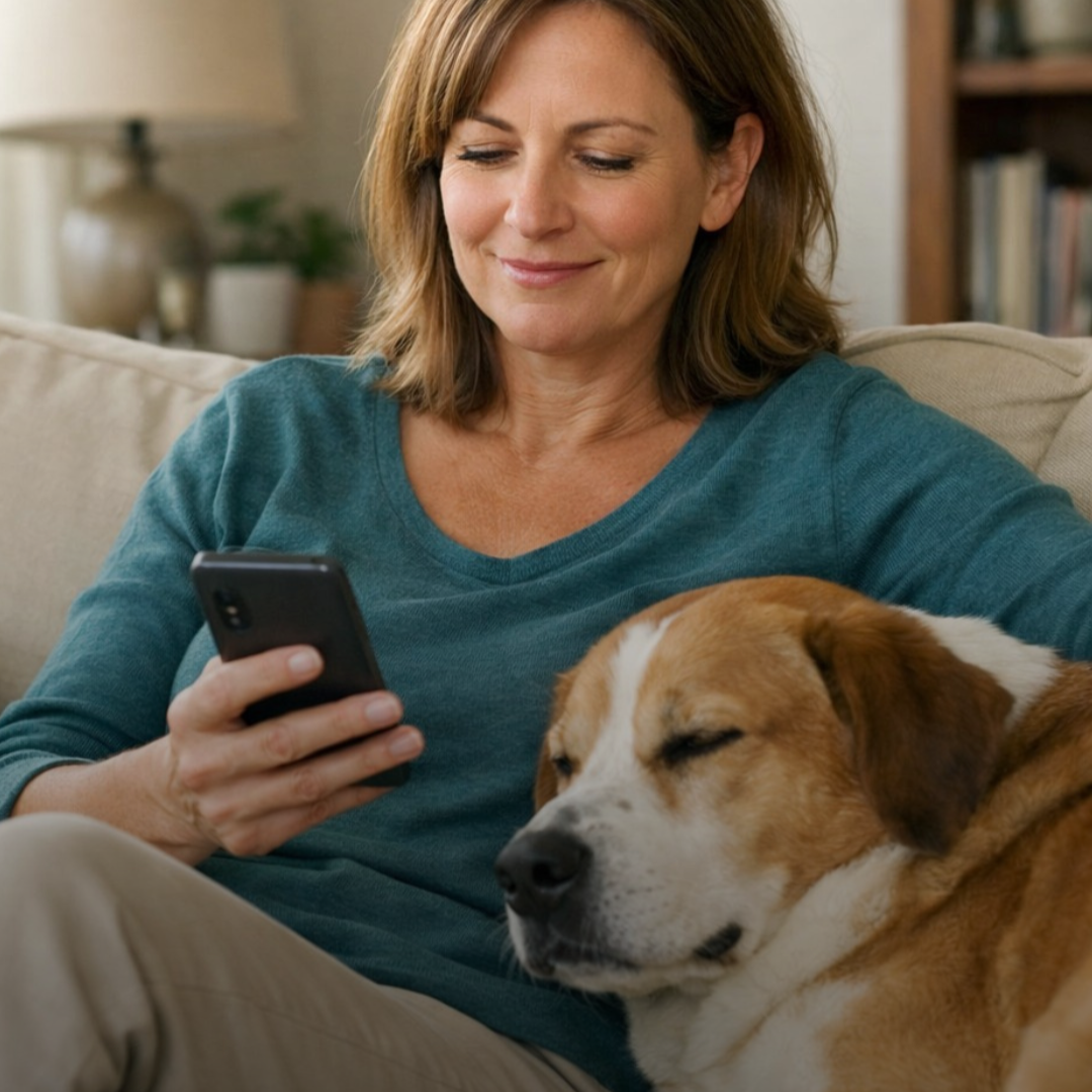 Woman with dog using PillCaddy